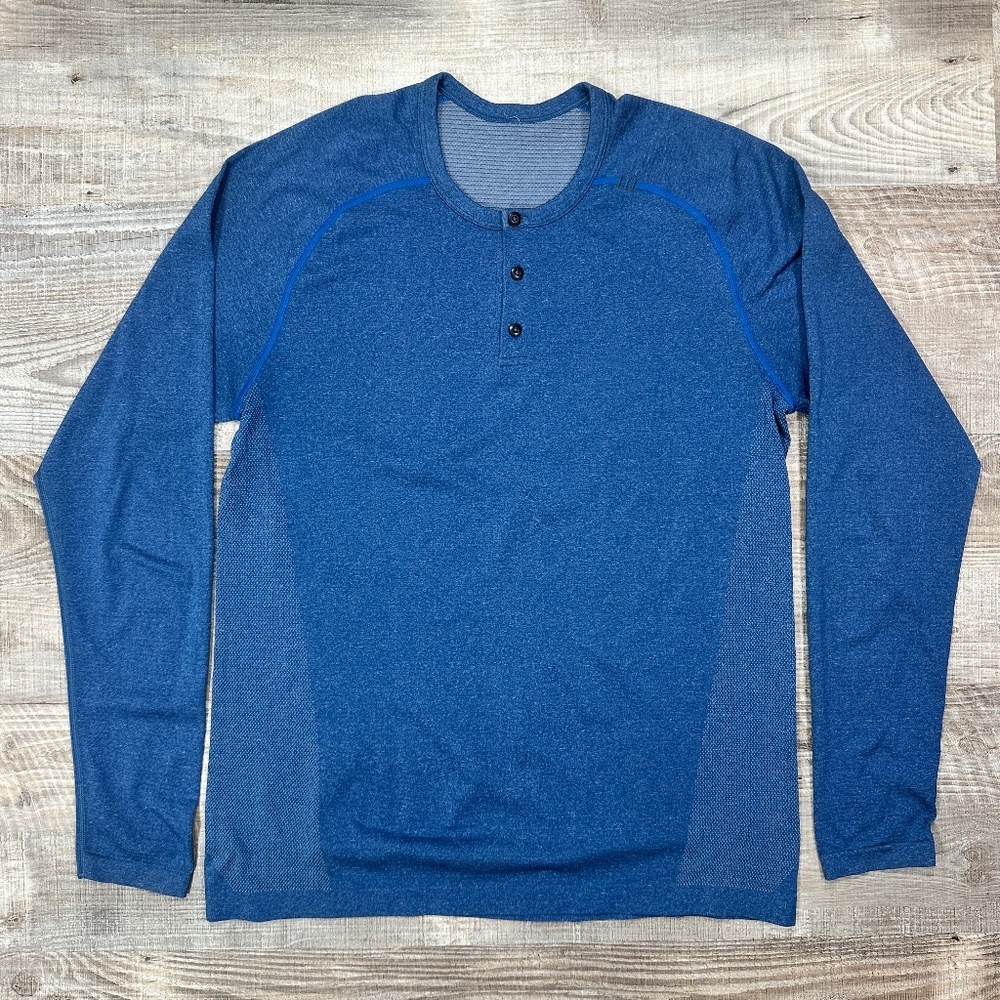 Lululemon Metal Vent Tech Henley Mens Blue Long Sleeve Performance Shirt Size L